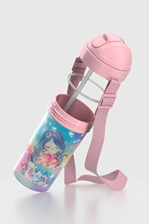 Renga Cosmo Lenticular Deniz Kızı Desenli 415 ml Pipetli Askılı PP Çocuk Matara 912149 Pembe