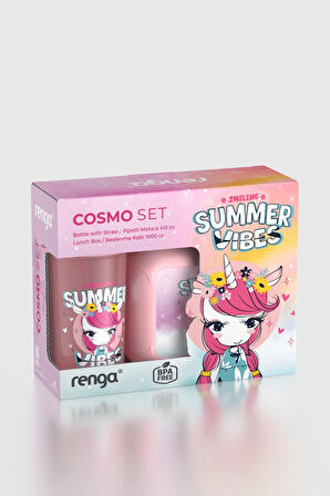 Renga Cosmo Desenli PP Çocuk Beslenme Kabı ve Suluk Seti 192017 Pembe