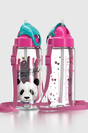 Renga Sonic Air Panda Desenli 500 ml Askılı Pipetli Tritan Çocuk Matara 912059 Pembe-Mint