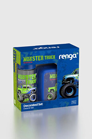 Renga Leya Monster Truck Desenli PP Çocuk Beslenme Kabı ve Suluk Seti 192013 Mavi