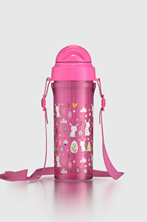 Renga Migo Tavşan Desenli 300 ml Askılı Pipetli PP Bebek Suluk 912013 Pembe