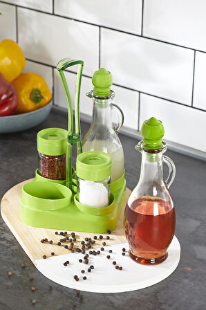 Renga Kibele Standlı 5 Parça Cam Yağlık ve Tuzluk Seti 151064 Yeşil