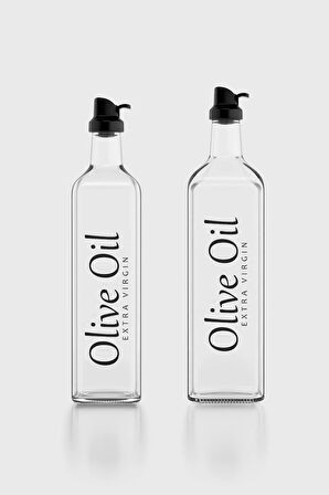 Renga Oslo Siyah Kapaklı Olive Oil Yazılı 750 ml ve 1000 ml 2'li Cam Yağlık Seti 152003
