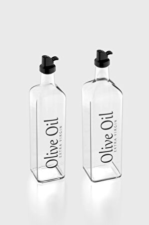 Renga Oslo Siyah Kapaklı Olive Oil Yazılı 750 ml ve 1000 ml 2'li Cam Yağlık Seti 152003
