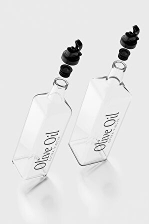 Renga Oslo Siyah Kapaklı Olive Oil Yazılı 750 ml ve 1000 ml 2'li Cam Yağlık Seti 152003