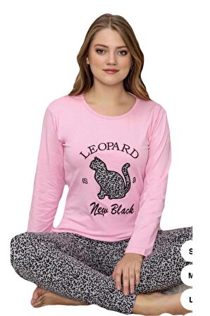 Sude Leopar Desenli Modal Uzun Kollu Kadın Pijama Takımı