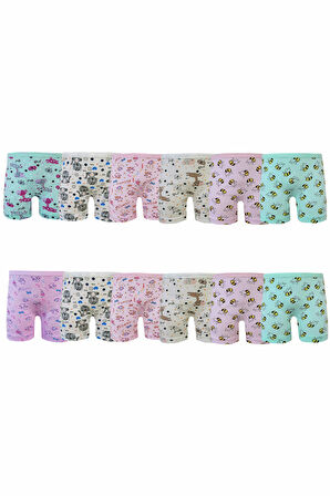 Kota 12li Kız Çocuk Boxer Pamuklu Likralı Baskılı Renkli