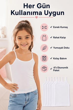 6lı Kız Çocuk İp Askılı Düz Atlet Pamuklu Rahat Kaliteli Ekonomik