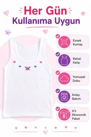 6lı Kız Çocuk Atlet Geniş Askılı Pamuklu İşlemeli Yumuşak