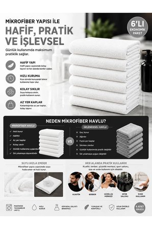 6Lı Paket Boya Tutmayan Mikrofiber El Yüz Spor Kuaför Havlusu 50X90 Cm
