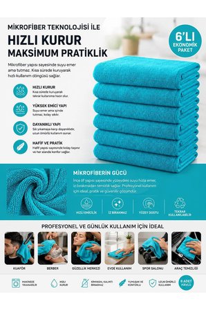 6Lı Paket Boya Tutmayan Mikrofiber El Yüz Spor Kuaför Havlusu 50X90 Cm
