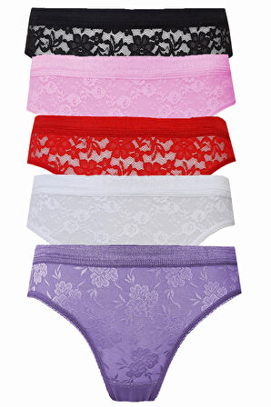 5li Kadın Dantelli Bikini Külot Pamuklu Arkası Düz