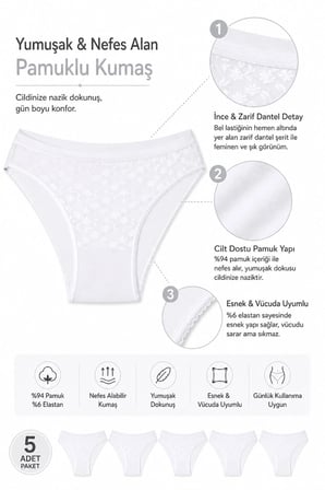 5li Kadın Dantelli Bikini Külot Pamuklu Arkası Düz