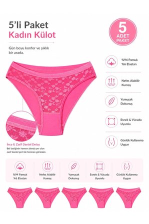 5li Kadın Dantelli Bikini Külot Pamuklu Arkası Düz