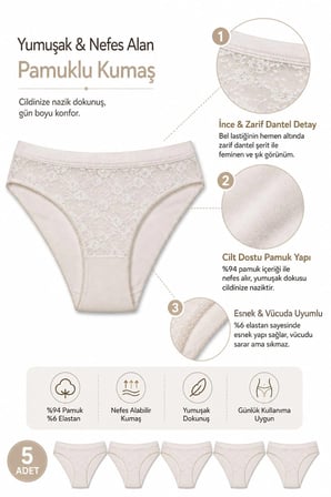 5li Kadın Dantelli Bikini Külot Pamuklu Arkası Düz