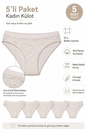 5li Kadın Dantelli Bikini Külot Pamuklu Arkası Düz