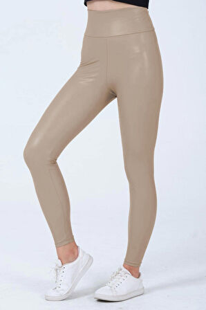 Kadın Deri Tayt Şardonlu Yüksek Bel Toparlayıcı Esnek Rahat