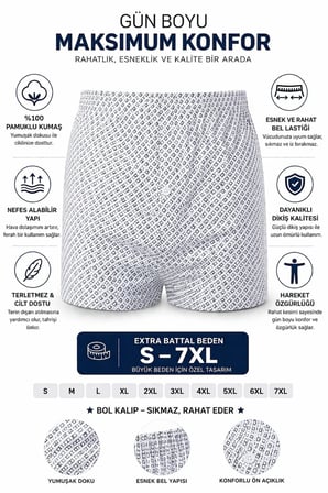 3lü Erkek Extra Battal Desenli Boxer Pamuklu Geniş Beden Aralıklı