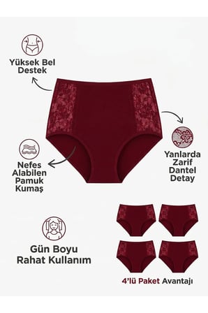 4lü Kadın Yanları Dantelli Bato Yüksekbel Külot Büyük Beden