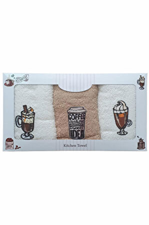 3 lü Kahve Baskılı %100 Pamuklu Mutfak Havlusu 30 x 50 Cm