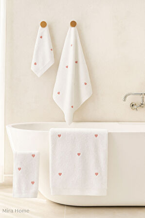 3 Parça Kalp Nakışlı Banyo Havlusu Takımı %100 Pamuklu Lovely Set