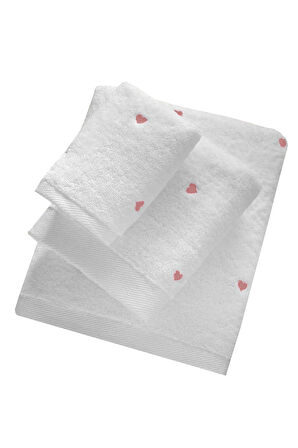 3 Parça Kalp Nakışlı Banyo Havlusu Takımı %100 Pamuklu Lovely Set