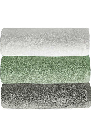 3 lü Düz Renk El Yüz Havlu Seti &amp;#37;100 Pamuklu 50x90 Cm Gri-Yeşil-Beyaz