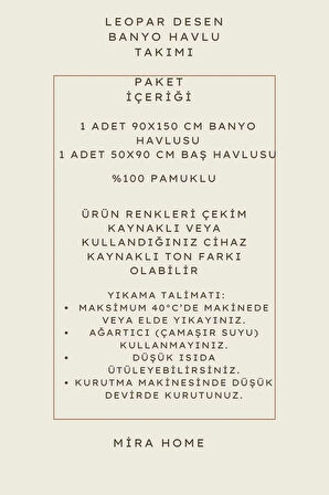 2 Parça %100 Pamuklu Banyo Havlu Seti Leopar Desen Bej