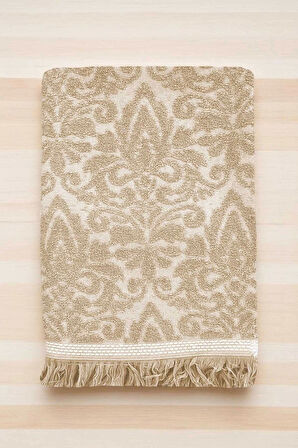 2 Parça Jakarlı Banyo Havlu Takımı %100 Pamuklu 90x150 Cm Arden Bej