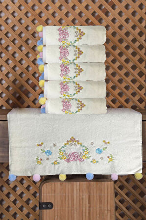 Çeyizlik 6'lı Renkli Ponponlu Çiçek Nakışlı El Yüz Havlusu Seti 50x90 cm
