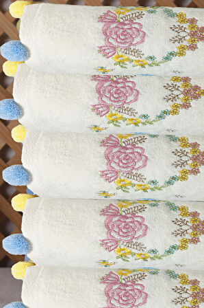 Çeyizlik 6'lı Renkli Ponponlu Çiçek Nakışlı El Yüz Havlusu Seti 50x90 cm