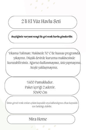 2 li Lüks El Yüz Havlu Seti 50x90 Cm %100 Pamuklu Gramajlı Grinja