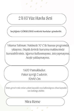 2 li Lüks El Yüz Havlu Seti 50x90 Cm %100 Pamuklu Gramajlı Sija