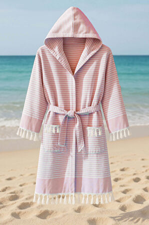 Kapşonlu Unisex Peştemal Plaj Bornozu %100 Pamuklu Seaside Stripe
