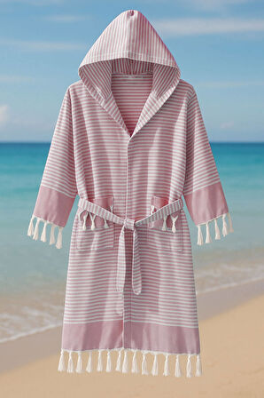 Kapşonlu Unisex Peştemal Plaj Bornozu %100 Pamuklu Seaside Stripe