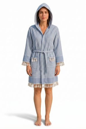 Kapşonlu Unisex Peştemal Plaj Bornozu %100 Pamuklu Seaside Stripe