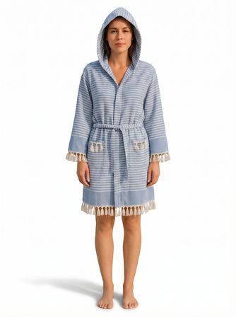 Kapşonlu Unisex Peştemal Plaj Bornozu %100 Pamuklu Seaside Stripe