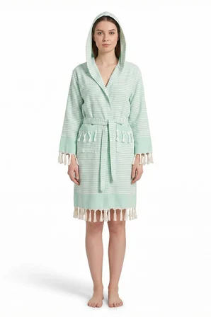 Kapşonlu Unisex Peştemal Plaj Bornozu %100 Pamuklu Seaside Stripe