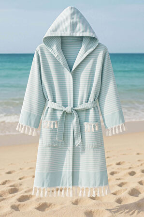 Kapşonlu Unisex Peştemal Plaj Bornozu %100 Pamuklu Seaside Stripe
