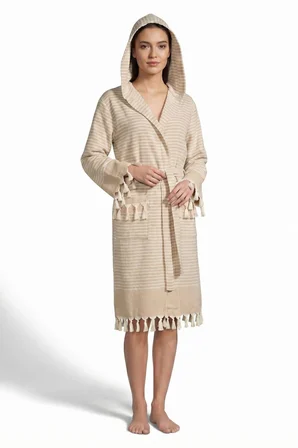 Kapşonlu Unisex Peştemal Plaj Bornozu %100 Pamuklu Seaside Stripe