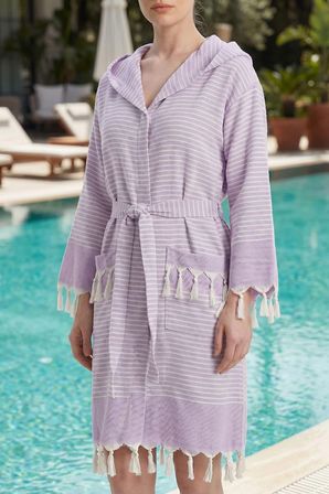 Kapşonlu Unisex Peştemal Plaj Bornozu %100 Pamuklu Seaside Stripe