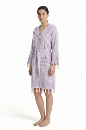 Kapşonlu Unisex Peştemal Plaj Bornozu %100 Pamuklu Seaside Stripe