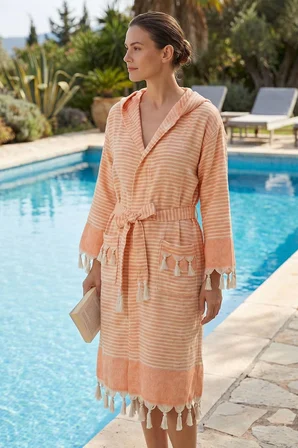 Kapşonlu Unisex Peştemal Plaj Bornozu %100 Pamuklu Seaside Stripe