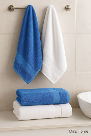 4 Parça Ekonomik Banyo Havlu Takımı %100 Pamuklu Quickdry Mavi