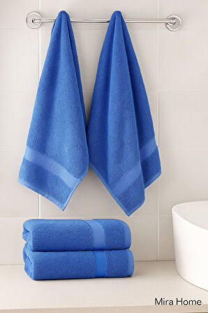 4 Parça Ekonomik Banyo Havlu Takımı %100 Pamuklu Quickdry Mavi