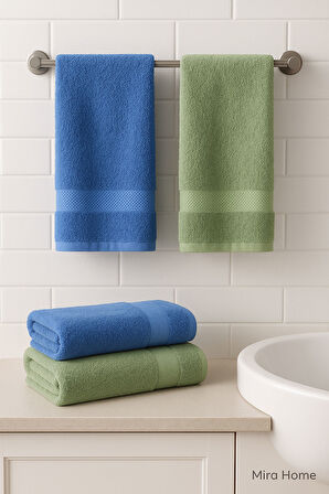 4 Parça Ekonomik Banyo Havlu Takımı %100 Pamuklu Quickdry Mavi