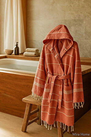 Kapşonlu Çizgili Unisex Banyo Plaj Peştemal Bornozu %100 Pamuklu Linetouch Kiremit