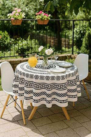 Yuvarlak Geometrik Siyah Desenli Duck Kumaş Masa Örtüsü 150x150 Cm