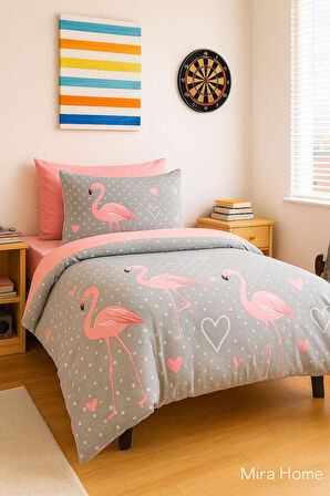 Flamingo Desenli  Pamuklu Tek Kişilik Nevresim Takımı