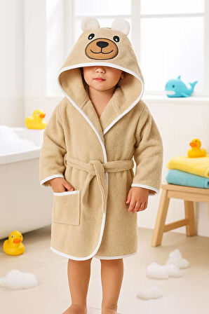 Kapşonlu Hayvan Desenli Çocuk Banyo Deniz Plaj Bornozu %100 Pamuklu 